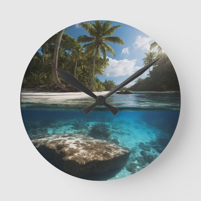 Tropical Beach  View Ocean Above round clock  (Front)