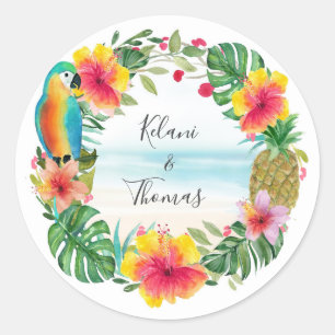 Tropical Beach Watercolor Floral Wreath Classic Round Sticker