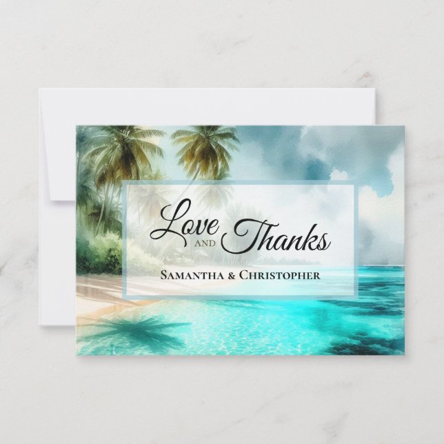 Tropical Beach Watercolor Love & Thanks Wedding Thank You Card (Front)