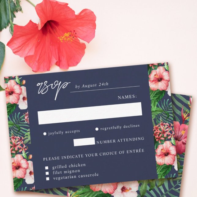 Tropical Beach Watercolor Meal Choice Navy RSVP Card (Creator Uploaded)