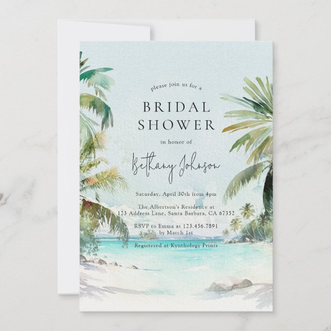 Tropical Beach Watercolor Palm Tree Bridal Shower Invitation (Front)
