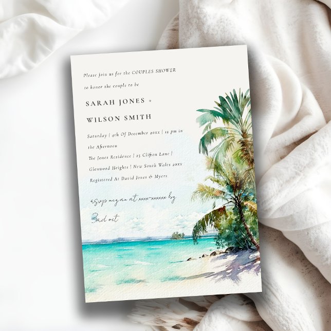 Tropical Beach Watercolor Palm Tree Couples Shower Invitation (Creator Uploaded)