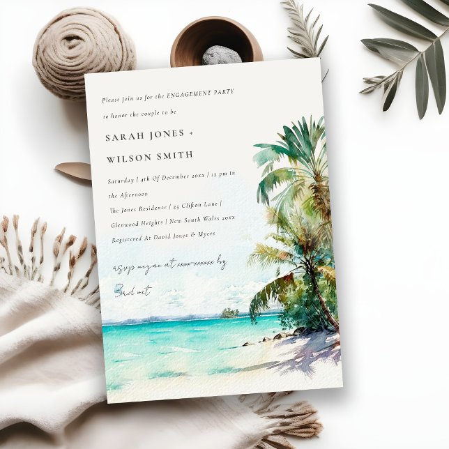 Tropical Beach Watercolor Palm Trees Engagement Invitation (Creator Uploaded)