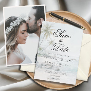 Tropical Beach Watercolor Photo Save the Date Invitation