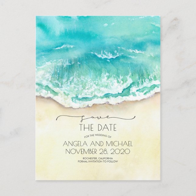 Tropical Beach Watercolor Save the Date Announcement Postcard (Front)