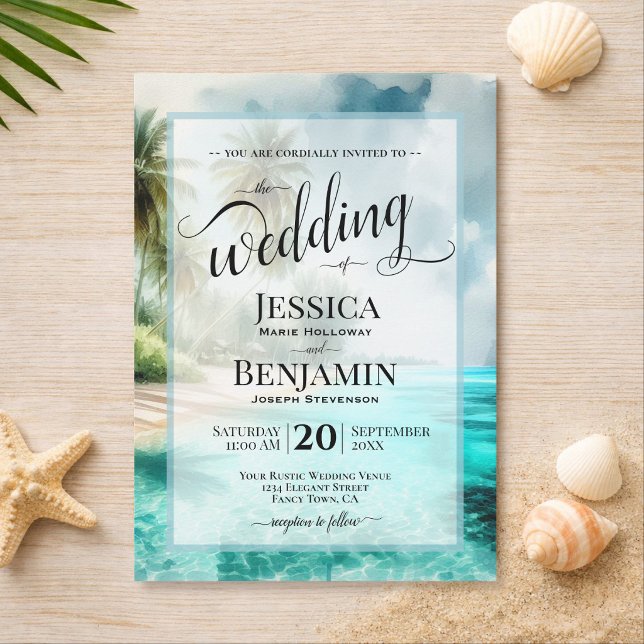 Tropical Beach Watercolor Stylish Script Wedding Invitation (Creator Uploaded)