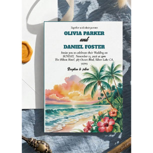 Tropical Beach Watercolor Sunset Floral Wedding Invitation