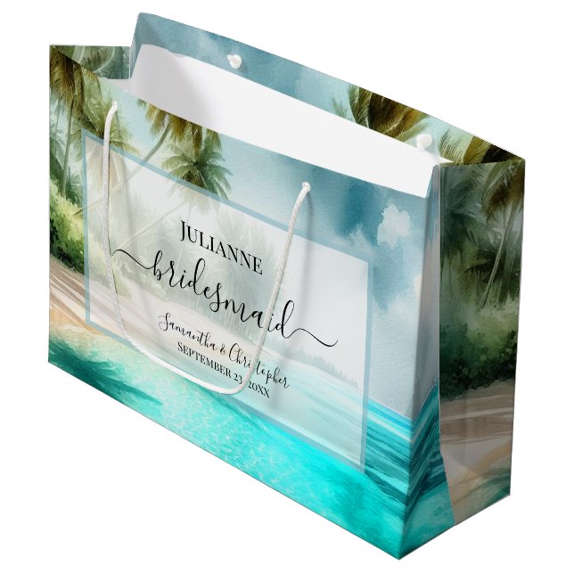 Tropical Beach Watercolor Wedding Bridesmaid Large Gift Bag (Front Angled)