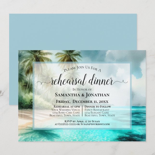 Tropical Beach Watercolor Wedding Rehearsal Dinner Invitation (Front/Back)