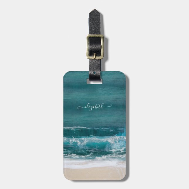 Tropical Beach Waves Sand Name Modern Luggage Tag (Front Vertical)