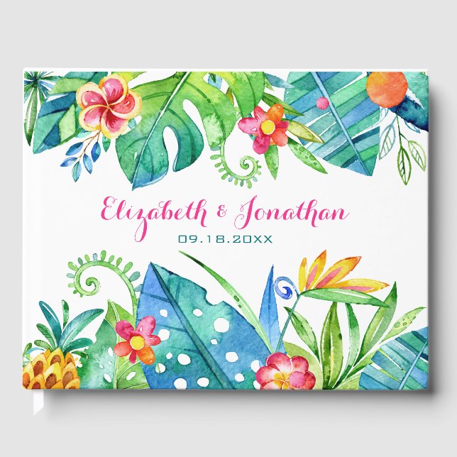Tropical Beach Wedding Berry Pink Teal Floral Guest Book (Front)