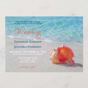 Tropical Beach Wedding Coral Seashell Modern Invitation
