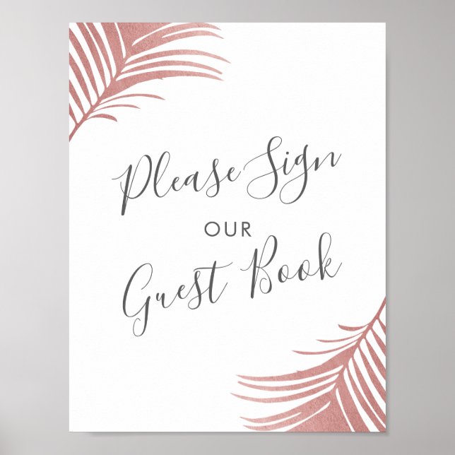 Tropical Beach Wedding Guest Book Sign Pink Palm (Front)