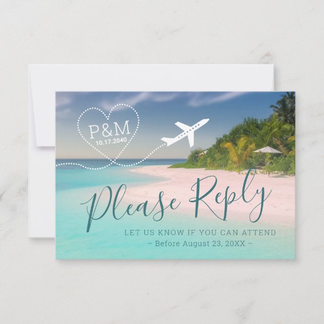 Tropical Beach Wedding Heart Aeroplane Destination RSVP Card (Front)