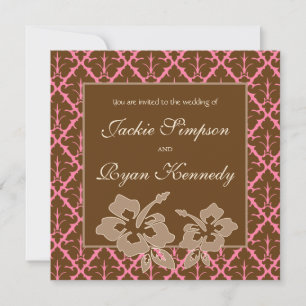 Tropical Beach Wedding Hibiscus Flower Pink Brown Invitation