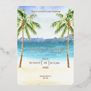 Tropical Beach wedding Invitation foil gold