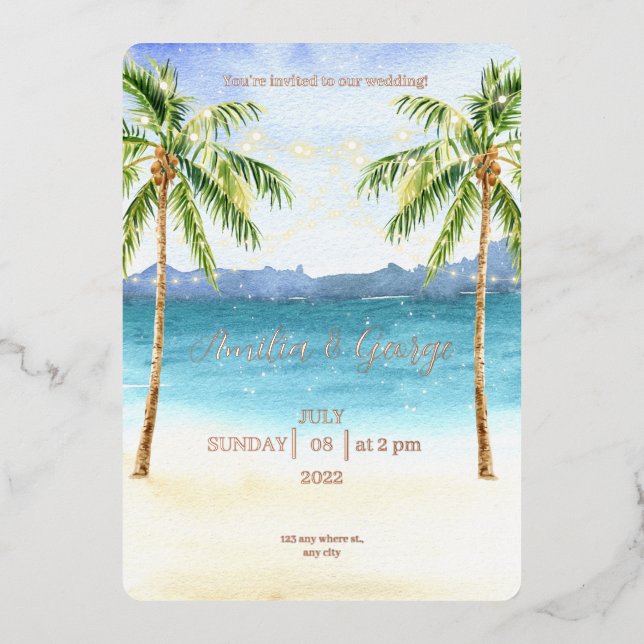 Tropical Beach wedding Invitation foil gold  (Front)