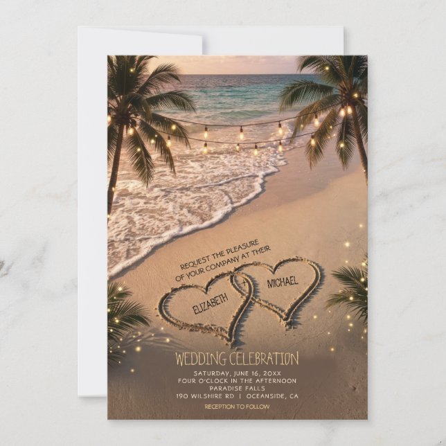 Tropical Beach Wedding Invitation with String Ligh (Front)