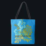 Tropical Beach wedding Maid of honour custom name Tote Bag<br><div class="desc">Modern Tropical Beach wedding bag. Tropical plants,  flowers,  hibiscus,  ocean blue,  Maid of Honour,  name at the back.
You can easily change the name at the back.</div>