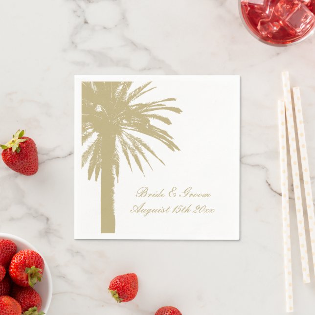 Tropical beach wedding napkins with palm tree logo (Insitu)
