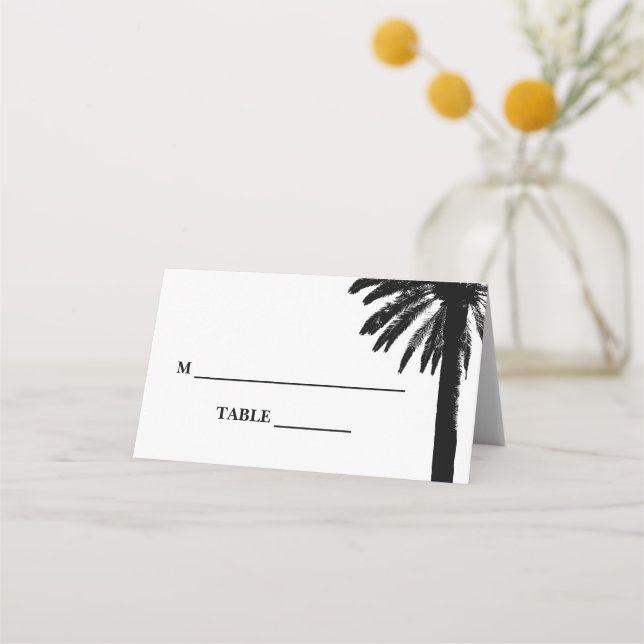 Tropical beach wedding palm tree leaves silhouette place card (Front)