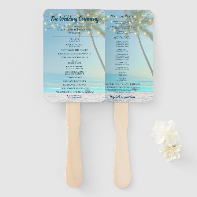 Tropical Beach Wedding Palm Trees Lights Elegant Hand Fan (Front and Back)