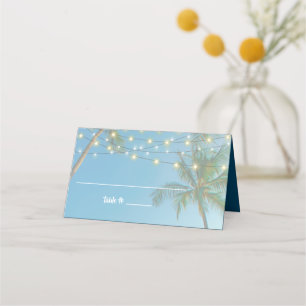 Tropical Beach Wedding Palm Trees String Lights Place Card