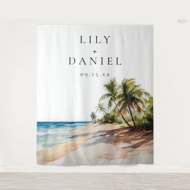 Tropical Beach Wedding Photo Backdrop Tapestry (Front)