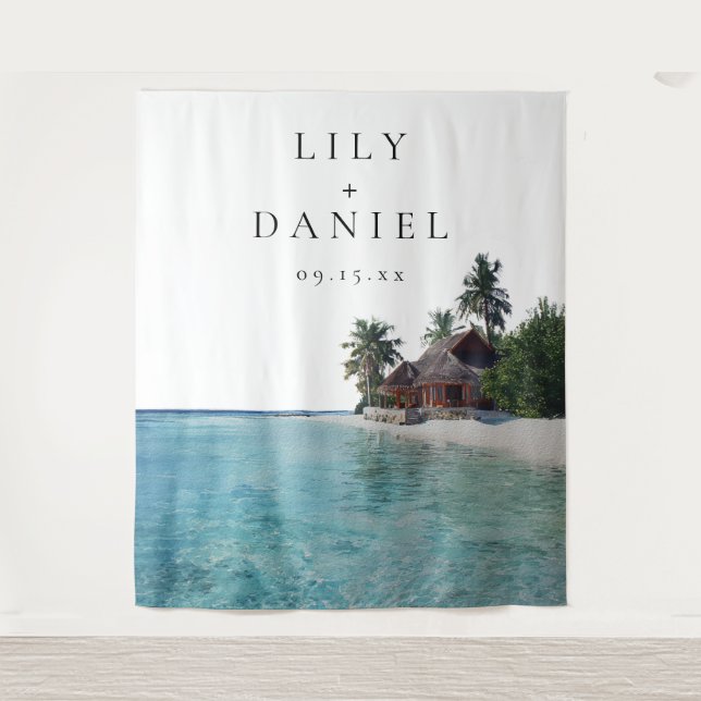 Tropical Beach Wedding Photo Backdrop Tapestry (Front)