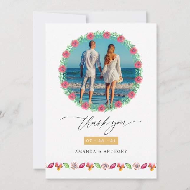 Tropical Beach Wedding Photo Thank You Card (Front)
