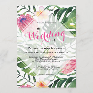 Tropical Beach Wedding Pink Protea Floral Greenery Invitation