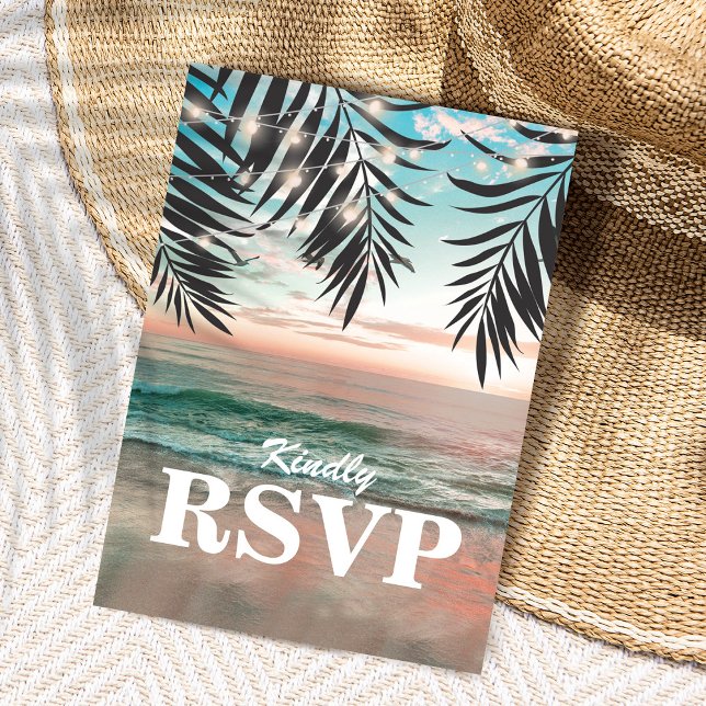Tropical Beach Wedding RSVP | String of Lights Invitation Postcard (Creator Uploaded)