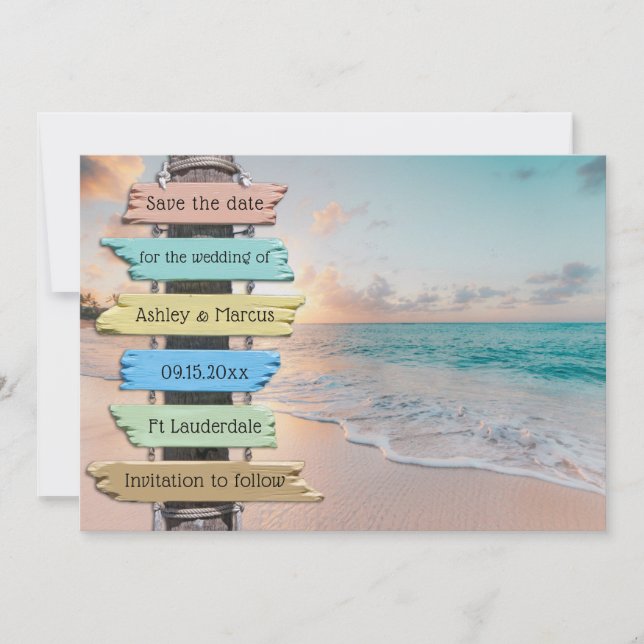 Tropical  Beach Wedding  Save the Date card  (Front)