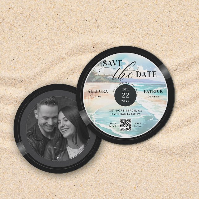 Tropical Beach Wedding Save the Date Music Love QR (tropical beach wedding save the date photo musician music lover vintage vinyl record QR code)