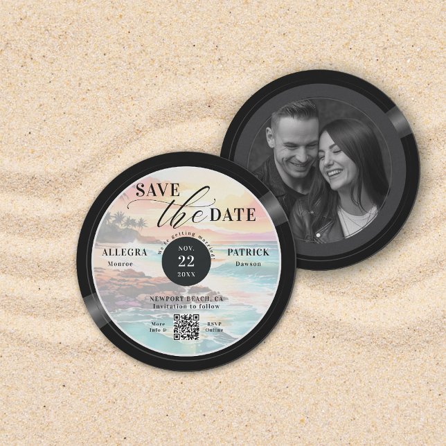 Tropical Beach Wedding Save the Date Musician QR (tropical beach wedding save the date photo musician music lover vintage vinyl record QR code romance)