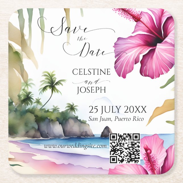 Tropical beach wedding save the date template square paper coaster (Front)