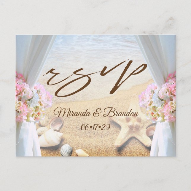 Tropical Beach Wedding Starfish Shells RSVP Announcement Postcard (Front)