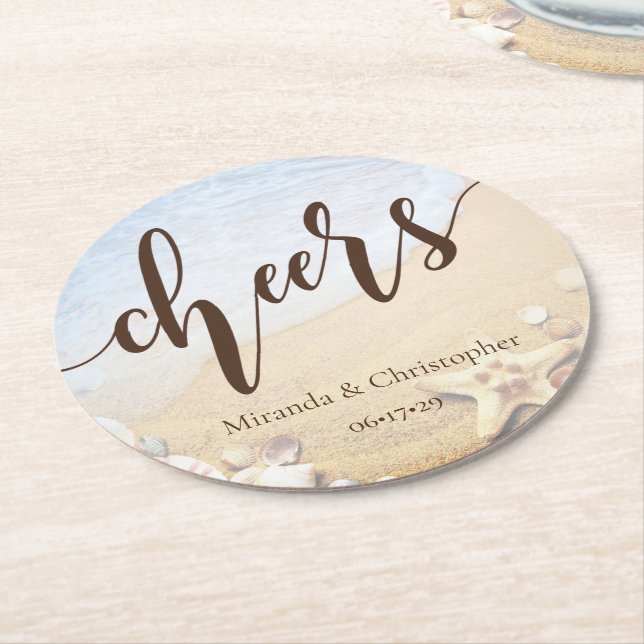 Tropical Beach Wedding Starfish Summer Round Paper Coaster (Angled)