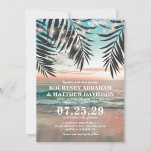 Tropical Beach Wedding String of Lights Invitation