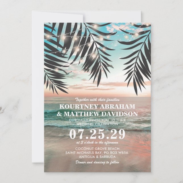 Tropical Beach Wedding | String of Lights Invitation (Front)