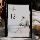 Tropical Beach Wedding Table Number Card<br><div class="desc">Tropical Watercolor beach scene,  wedding table number card. Features,  black typography with light sandy beige colour backgrounds.</div>