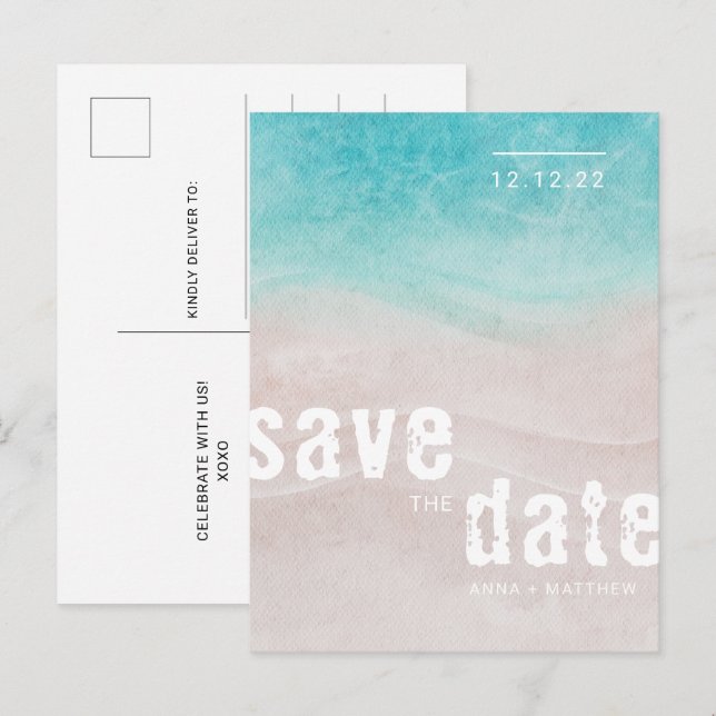 Tropical Beach Wedding Watercolor Announcement Postcard (Front/Back)