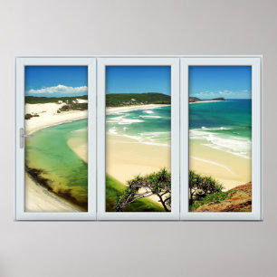 Tropical Beach White 3 Pane Window Illusion Poster