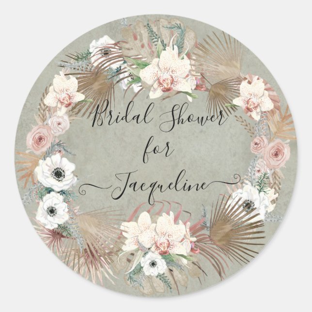 Tropical Beach White Floral Sage Greenery Foliage Classic Round Sticker (Front)