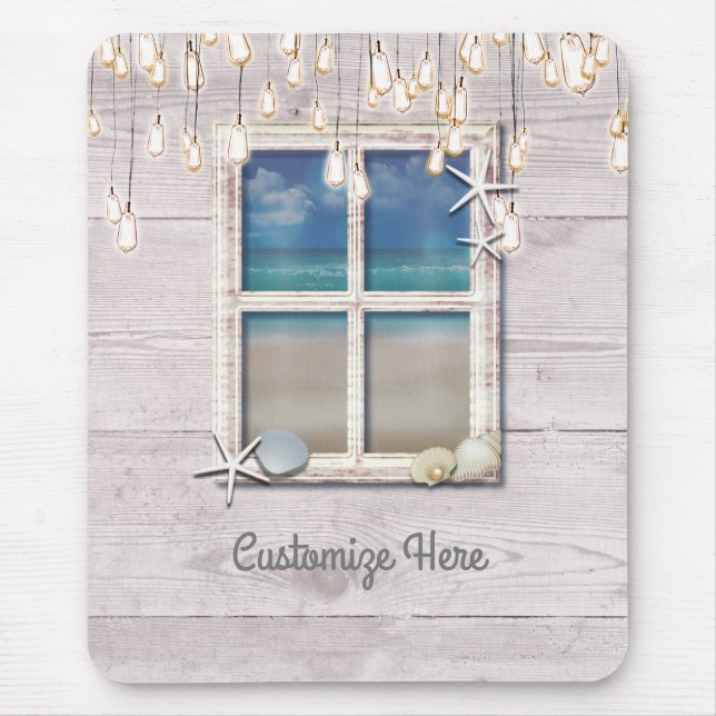 Tropical Beach Window White Wood Elegant Chic Mouse Mat (Front)