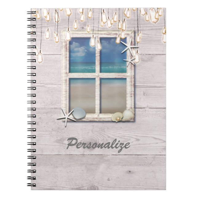 Tropical Beach Window White Wood Elegant Chic Notebook (Front)