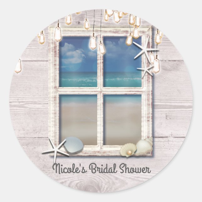 Tropical Beach Window White Wood Elegant Coastal Classic Round Sticker (Front)