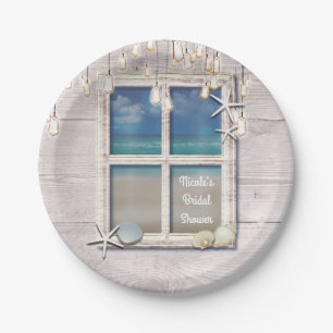 Tropical Beach Window White Wood Elegant Coastal Paper Plate
