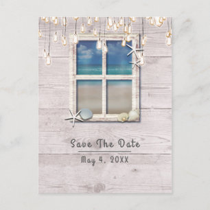 Tropical Beach Window White Wood Save the Date Announcement Postcard