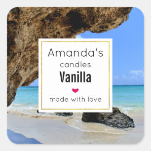 Tropical Beach with a Big Rock Candle Business Square Sticker